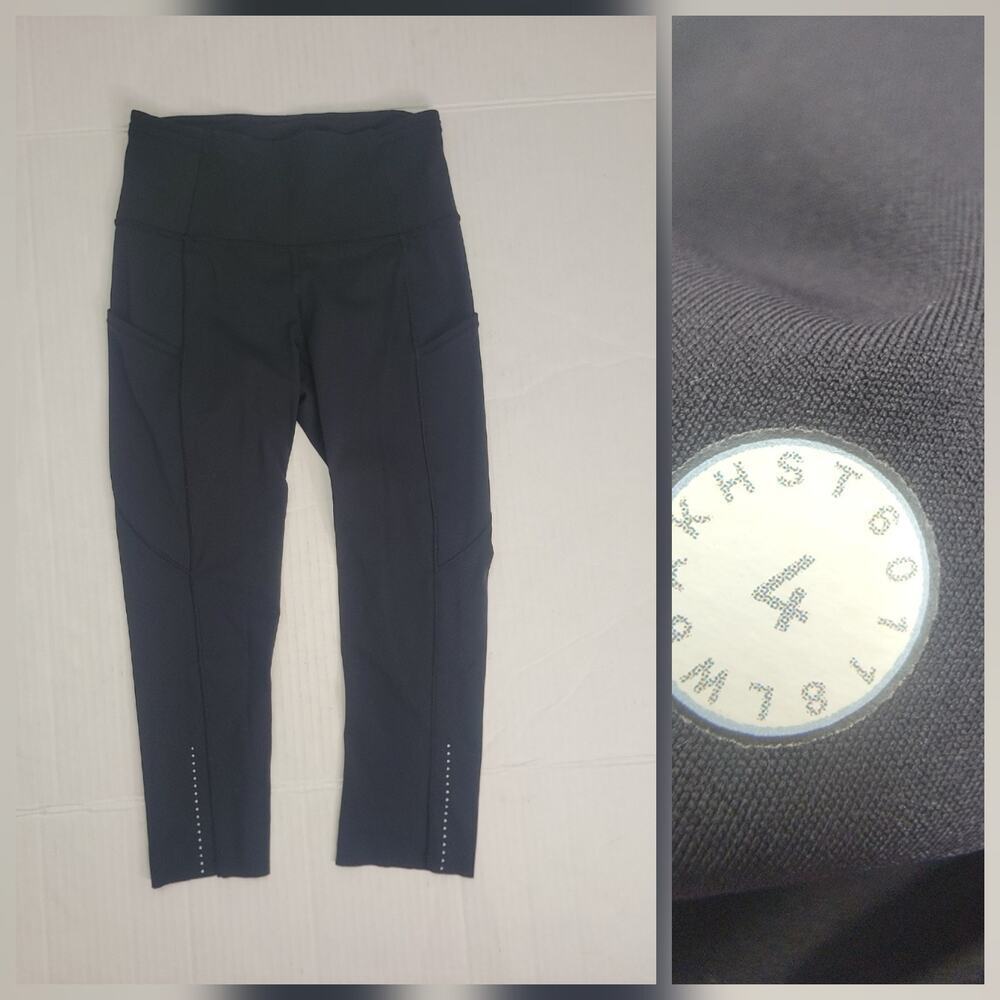 Lululemon Leggings Sz 4 Side Pockets Fast Free Mid Rise Capri Black Nulux W6AKHS